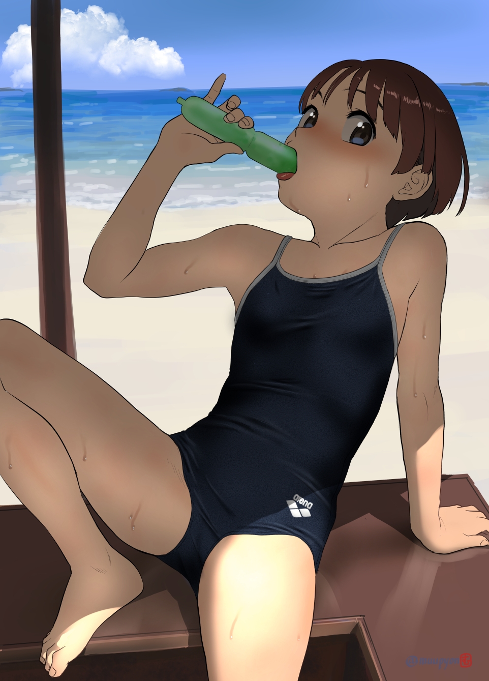 1girl arena_(company) arm_support bare_arms bare_legs bare_shoulders barefoot beach blue_eyes blue_sky breasts clouds collarbone commentary_request competition_school_swimsuit day eating highres mu-pyon ocean one-piece_swimsuit one-piece_tan original outdoors sand school_swimsuit short_hair sitting sky small_breasts solo spread_legs sweat swimsuit tan tanline tupet very_short_hair water