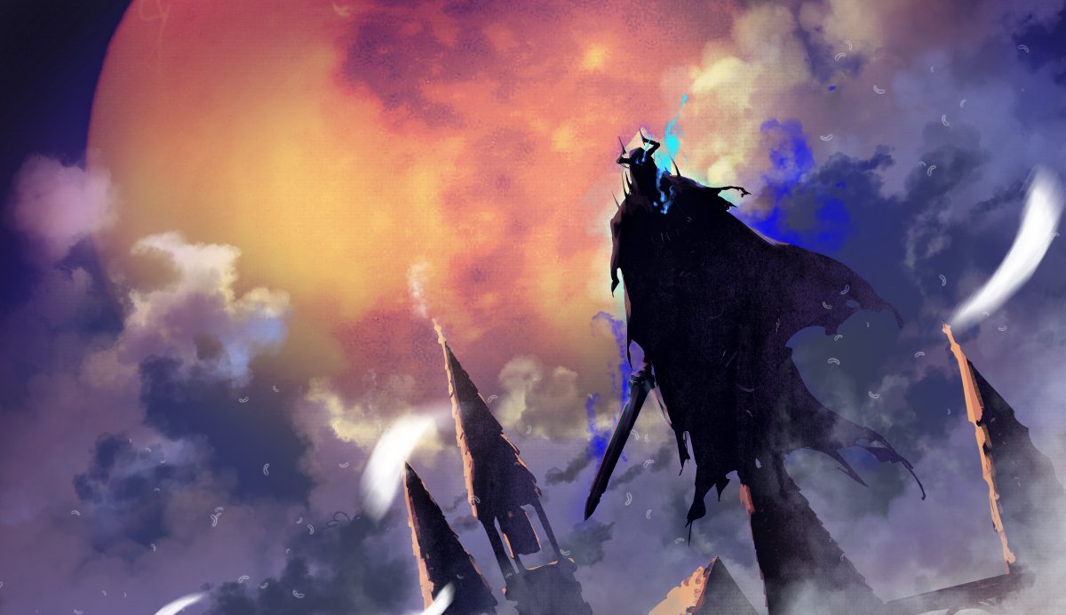 1boy aura bell_tower cape dutch_angle fate/grand_order fate_(series) full_moon glowing glowing_eyes horns king_hassan_(fate) looking_at_viewer moon negative_space outdoors red_moon rooftop ryota-h solo standing torn_cape torn_clothes