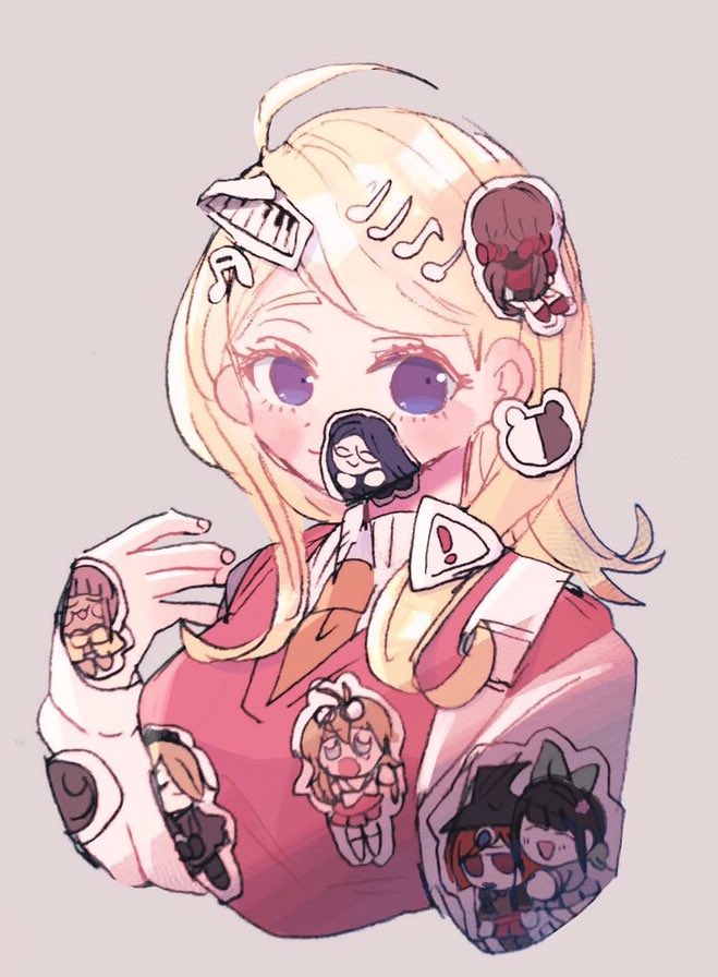 1girl ahoge akamatsu_kaede bangs blonde_hair blush chabashira_tenko character_print collared_shirt commentary_request cropped_torso dangan_ronpa_(series) dangan_ronpa_v3:_killing_harmony hair_ornament hand_up harukawa_maki heart iruma_miu jewelry kara_aren long_hair long_sleeves looking_at_viewer monokuma necktie pink_vest shirogane_tsumugi shirt simple_background smile solo sticker toujou_kirumi upper_body vest violet_eyes white_shirt yonaga_angie yumeno_himiko