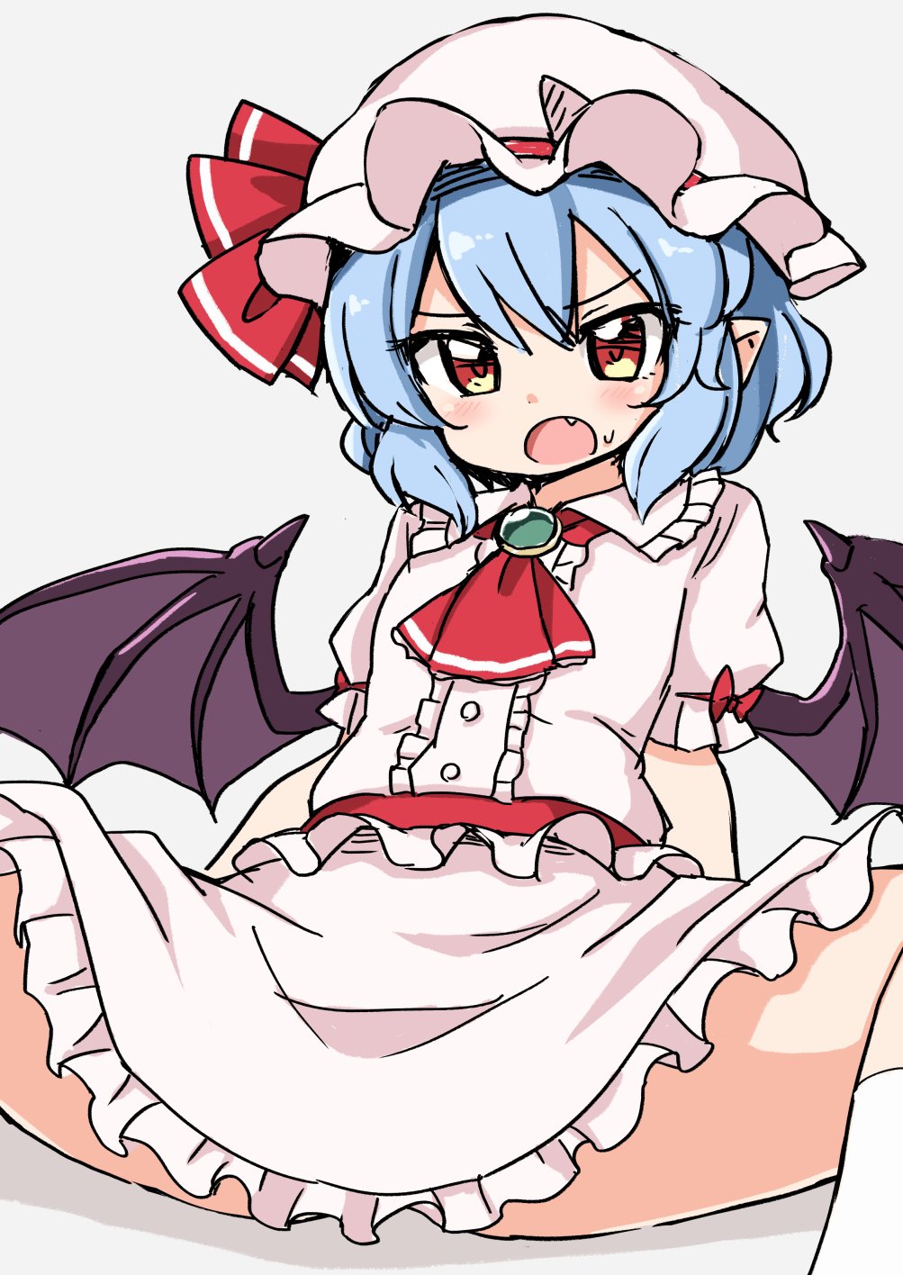 1girl ascot bat_wings blue_hair blush bow brooch center_frills dress fang feet_out_of_frame flat_chest frills hat hat_ribbon highres jewelry kneehighs mob_cap pink_dress pink_headwear puffy_short_sleeves puffy_sleeves red_bow red_eyes red_neckwear red_ribbon remilia_scarlet ribbon short_hair short_sleeves simple_background sitting solo spread_legs suwa_yasai sweat touhou v-shaped_eyebrows white_background white_legwear wings