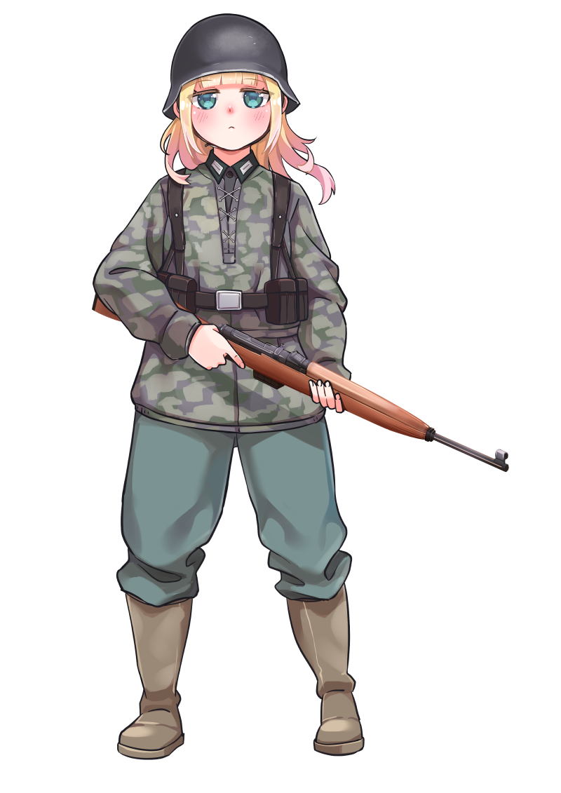1girl bangs blonde_hair boots camouflage camouflage_headwear camouflage_jacket closed_mouth company_of_heroes full_body gewehr_43 green_eyes green_footwear green_pants gun hat holding holding_gun holding_weapon jacket long_hair looking_at_viewer military military_hat military_jacket military_uniform original pants simple_background solo trigger_discipline uniform weapon white_background zhainan_s-jun