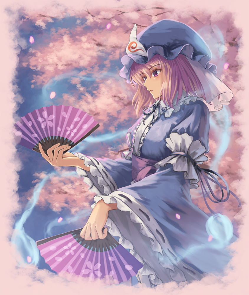 1girl arm_garter arms_up blue_headwear blue_kimono border cherry_blossoms commentary cowboy_shot eyebrows_visible_through_hair fan folding_fan frilled_sleeves frills from_side hat head_tilt hitodama holding holding_fan japanese_clothes kimono long_sleeves looking_to_the_side mob_cap obi ookashippo parted_lips pink_border pink_eyes saigyouji_yuyuko sash solo standing touhou tree_branch triangular_headpiece wide_sleeves