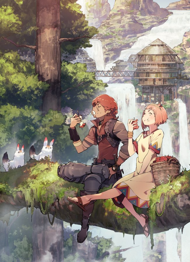 1boy 1girl :t apple asymmetrical_hair basket blush bridge building creature day dress eating favaro_leone food food_bite foot_dangle fruit grey_shirt hairband holding holding_food holding_fruit in_tree long_sleeves metal_boots moss nina_dragnot outdoors pink_hair red_apple ryota-h sandals shingeki_no_bahamut shingeki_no_bahamut:_genesis shirt short_hair short_sleeves sitting smile tree water waterfall yellow_dress