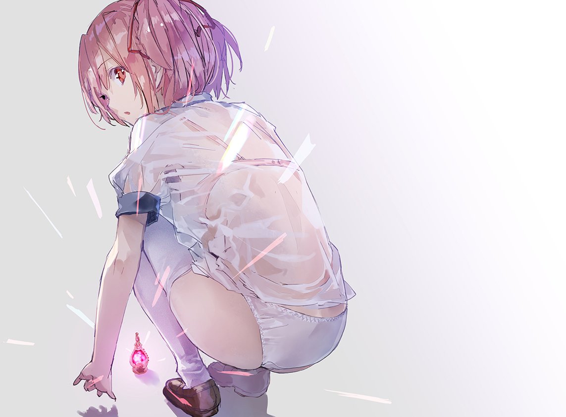 1girl ass back breasts brown_footwear collared_shirt expressionless eyebrows_visible_through_hair from_behind full_body glowing gradient gradient_background grey_background hair_ribbon kaname_madoka kneeling legs_together light_rays loafers looking_at_viewer looking_back mahou_shoujo_madoka_magica no_pants outstretched_arm panties parted_lips pink_eyes pink_hair puffy_short_sleeves puffy_sleeves red_ribbon ribbon see-through shadow shiny shiny_hair shirt shoes short_sleeves sideboob simple_background skindentation small_breasts solo soul_gem tareme thigh-highs thighs twintails underwear white_background white_legwear white_panties white_shirt yuugen