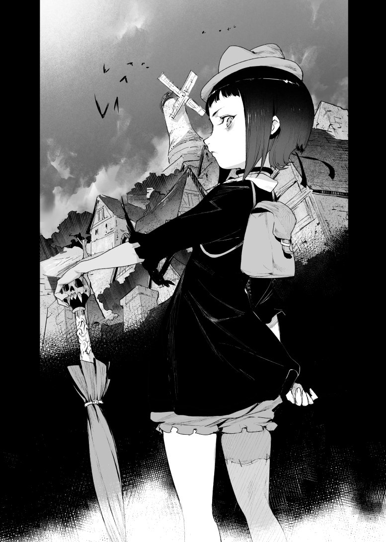 1girl backpack bag bat bob_cut choker closed_mouth dress fedora fingernails from_side greyscale hat holding holding_umbrella inverted_bob long_sleeves looking_at_viewer looking_to_the_side medium_hair monochrome outdoors patchwork_skin pillarboxed rita_(shingeki_no_bahamut:_genesis) ryota-h shingeki_no_bahamut shingeki_no_bahamut:_genesis short_dress solo standing stitched_leg umbrella windmill