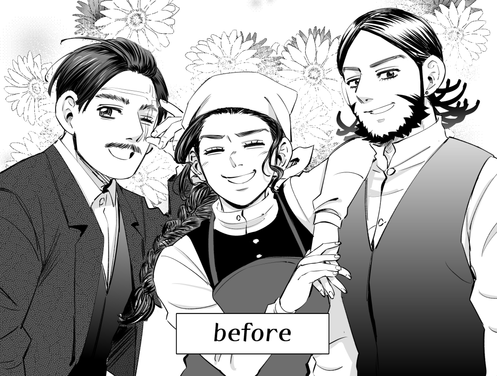 1girl 2boys ;d ^_^ apron beard braid business_suit buttons closed_eyes collared_shirt commentary earrings elbow_on_another's_shoulder elbow_rest english_text facial_hair floral_background flower_request formal golden_kamuy greyscale hair_slicked_back head_scarf ideshitsuki jewelry kiroranke long_hair long_sleeves monochrome multiple_boys mustache one_eye_closed open_mouth russian_clothes scar scar_on_face shirt sideburns sidelocks single_braid smile sofia_(golden_kamuy) spoilers suit thick_eyebrows upper_body wilk_(golden_kamuy)