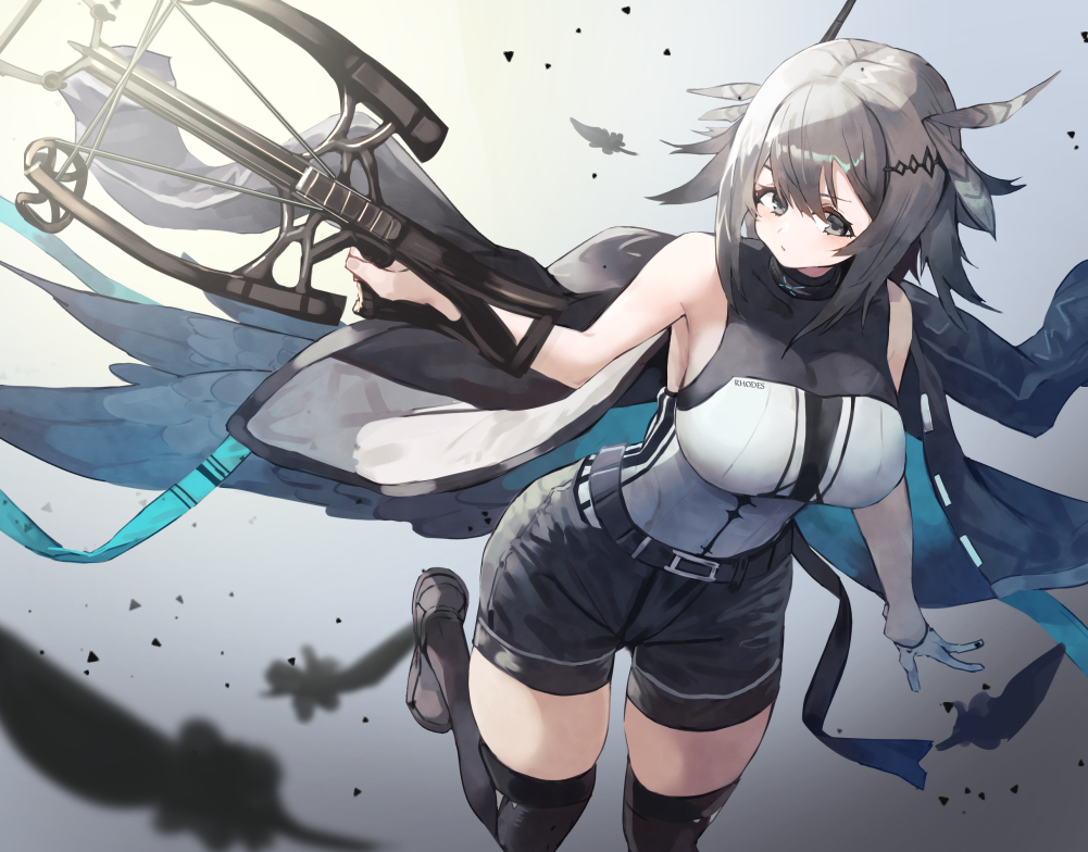 1girl arknights armpit_peek belt black_belt black_footwear black_jacket black_legwear black_shirt black_shorts blurry blush bow_(weapon) breasts closed_mouth commentary cowboy_shot crossbow depth_of_field earpiece feathers gloves gradient gradient_background grey_background grey_eyes greythroat_(arknights) hair_between_eyes hair_feathers hair_ornament hairclip holding holding_bow_(weapon) holding_weapon infection_monitor_(arknights) jacket jacket_on_shoulders large_breasts light looking_at_viewer mannouyakunta open_clothes open_jacket shirt shoes short_hair short_shorts shorts silver_hair simple_background single_glove sleeveless sleeveless_shirt solo standing standing_on_one_leg taut_clothes thigh-highs thighs two-tone_shirt weapon white_gloves white_shirt