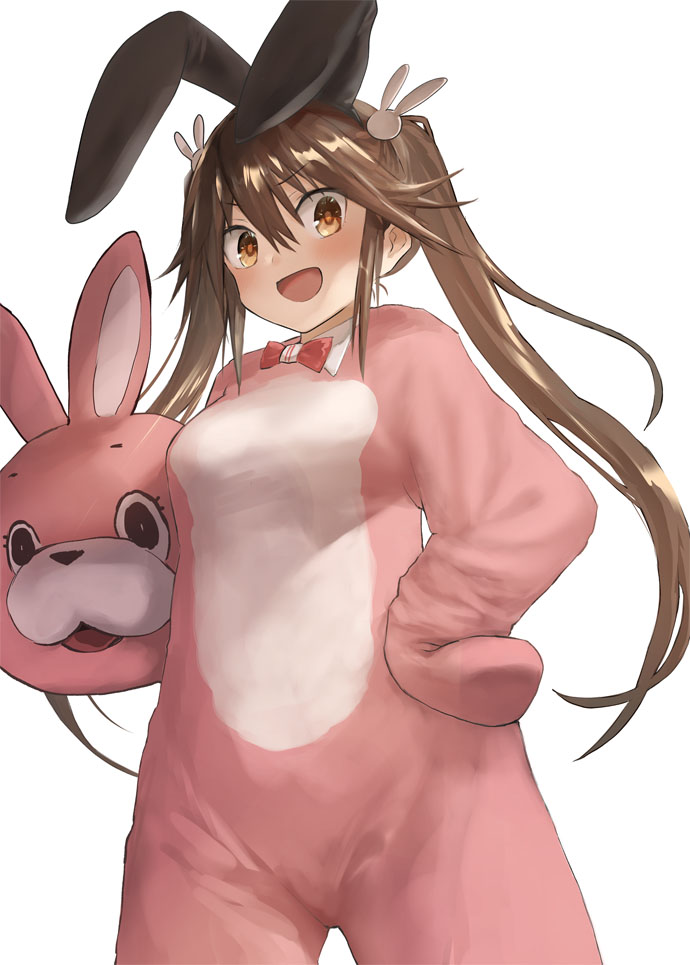 1girl animal_costume animal_ears blush brown_eyes brown_hair bunny_costume cowboy_shot eyebrows_visible_through_hair fake_animal_ears hair_between_eyes kantai_collection long_hair open_mouth rabbit_ears simple_background smile solo toka_(marchlizard) tone_(kancolle) twintails white_background