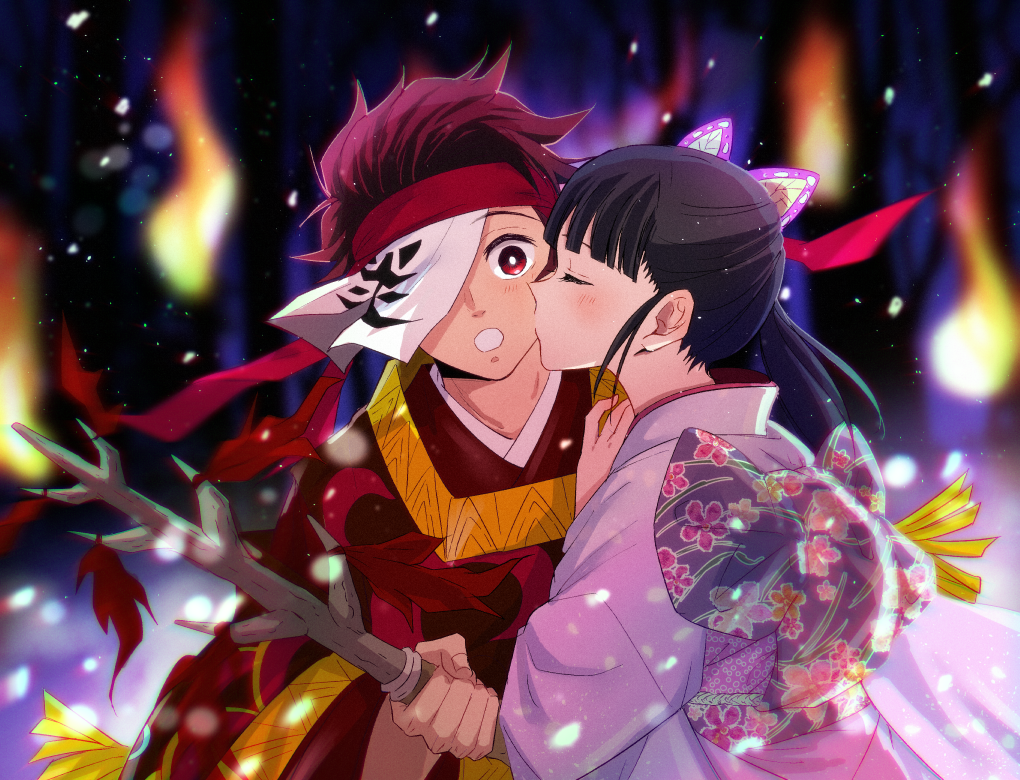 1boy 1girl blush butterfly_hair_ornament cheek_kiss closed_eyes couple fire hair_ornament kamado_tanjirou kimetsu_no_yaiba kiss ponytail san_mon tsuyuri_kanao