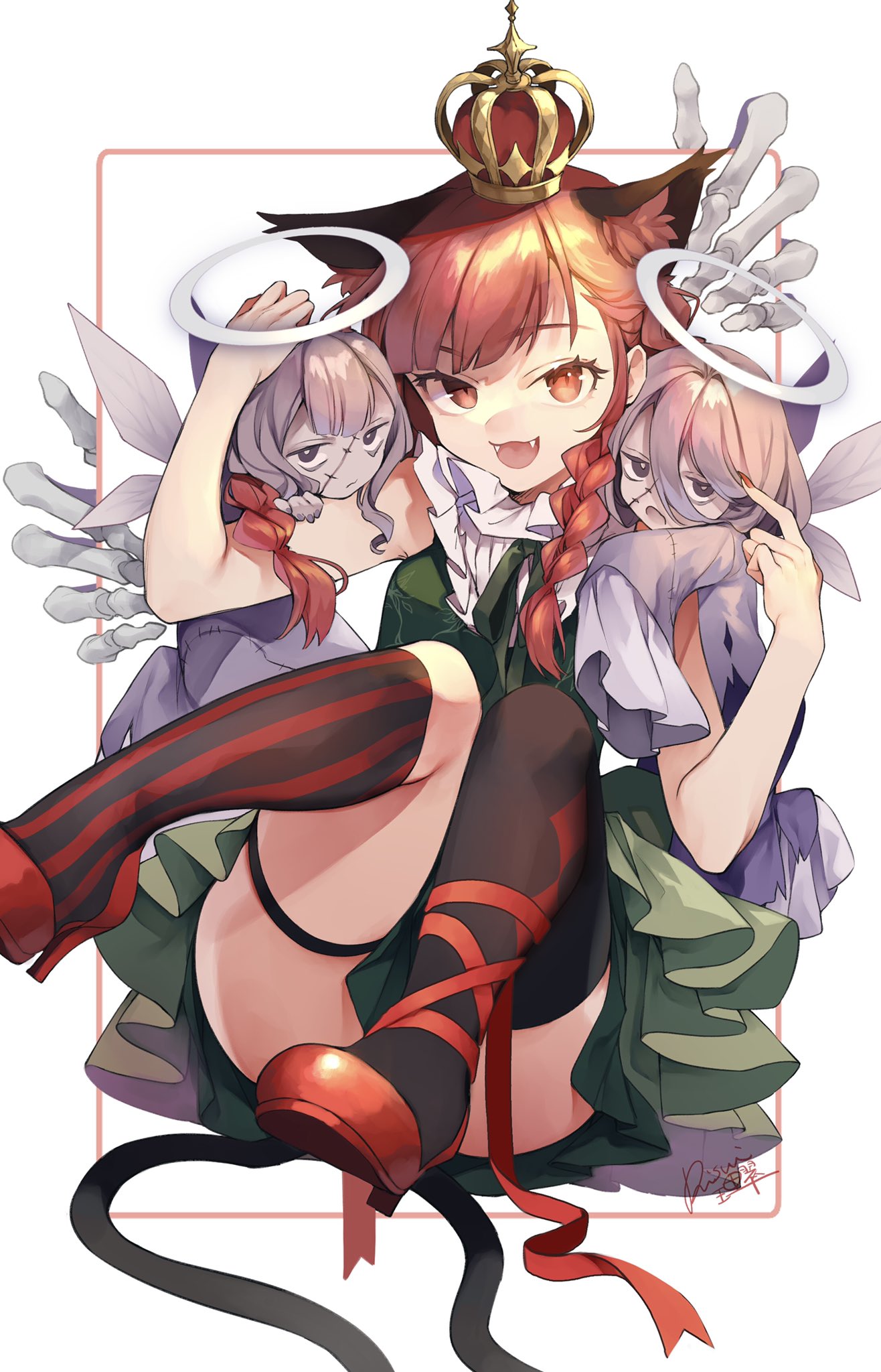 3girls :3 animal_ear_fluff animal_ears ankle_lace-up black_legwear border braid cat_ears cat_tail commentary_request convenient_leg crown dress extra_ears fangs fingernails full_body green_dress grey_eyes grey_hair halo hand_on_another's_head hands_up highres kaenbyou_rin long_fingernails long_hair looking_at_viewer mini_crown mismatched_legwear multiple_girls nekomata open_mouth pumps red_border red_eyes red_footwear red_nails redhead risui_(suzu_rks) scar scar_on_face sharp_fingernails signature skeletal_arm skeletal_hand smile stitches tail touhou twin_braids white_background zombie_fairy