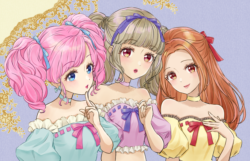 3girls aikatsu! aikatsu!_(series) aikatsu_on_parade! amahane_madoka aqua_blouse aqua_choker asymmetrical_bangs bangs bare_shoulders blouse blue_eyes blue_ribbon blunt_bangs blush bow bow_earrings choker closed_mouth commentary crop_top earrings eyebrows_visible_through_hair forehead frilled_blouse hair_intakes hair_ribbon hand_on_own_chest hand_up head_tilt hoshina_hoshimi index_finger_raised jewelry kiseki_raki light_brown_hair lips lipstick long_hair looking_at_viewer makeup midriff multicolored multicolored_eyes multiple_girls o3o off_shoulder open_mouth orange_hair otoshiro_noel parted_lips pink_blouse pink_choker pink_eyes pink_hair pink_lips pink_ribbon pointing pointing_up puckered_lips purple_ribbon red_ribbon ribbon sidelocks smile stomach twintails upper_body yellow_blouse yellow_choker yellow_eyes