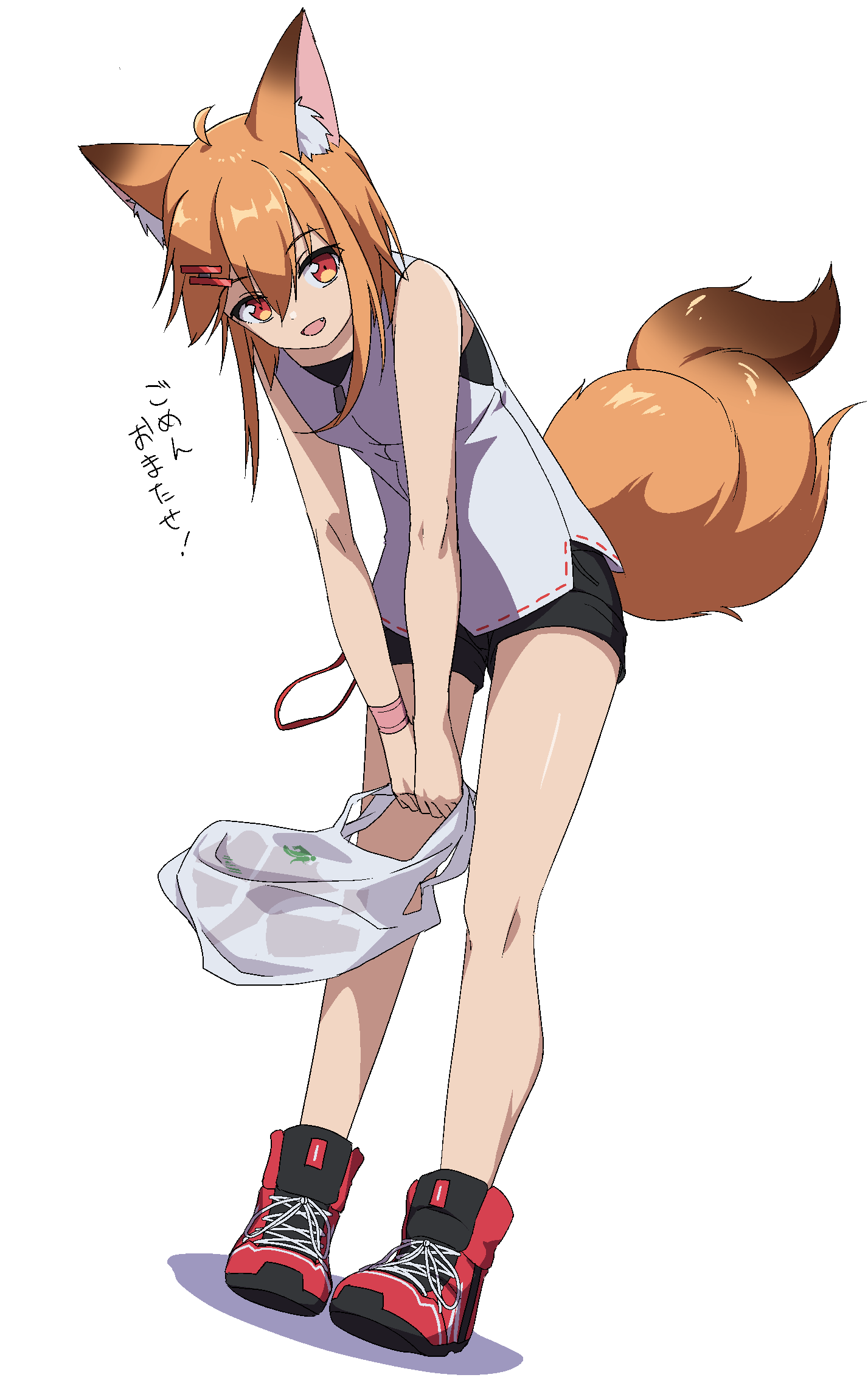 1girl :d ahoge animal_ear_fluff animal_ears bag bangs bare_arms bare_shoulders black_shorts brown_hair dutch_angle eyebrows_visible_through_hair fang fox_ears fox_girl fox_tail hair_between_eyes hair_ornament hairclip highres holding holding_bag leaning_forward looking_at_viewer minowa_sukyaru open_mouth original plastic_bag red_eyes red_footwear shadow shirt shoes short_shorts shorts sleeveless sleeveless_shirt smile solo standing tail translation_request white_background white_shirt