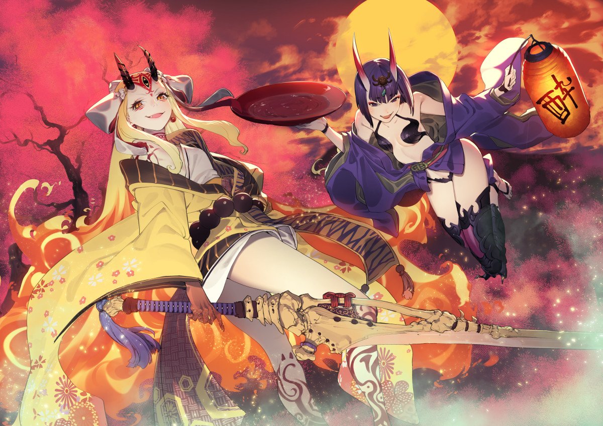 2girls :d arm_tattoo bare_tree black_legwear blonde_hair bob_cut breasts clouds cloudy_sky eyebrows_visible_through_hair facial_mark fang fate/grand_order fate_(series) fiery_hair fingernails forehead_mark full_moon gradient_hair holding holding_lantern holding_sword holding_weapon horns ibaraki_douji_(fate) japanese_clothes kimono lantern long_hair long_sword looking_at_viewer medium_hair moon multicolored_hair multiple_girls oni_horns open_clothes open_kimono open_mouth paper_lantern parted_lips purple_kimono red_sky ryota-h sharp_fingernails shuten_douji_(fate) sky slit_pupils small_breasts smile stirrup_legwear sword tattoo thigh-highs toeless_legwear tree violet_eyes weapon wide_sleeves yellow_eyes yellow_kimono yellow_moon