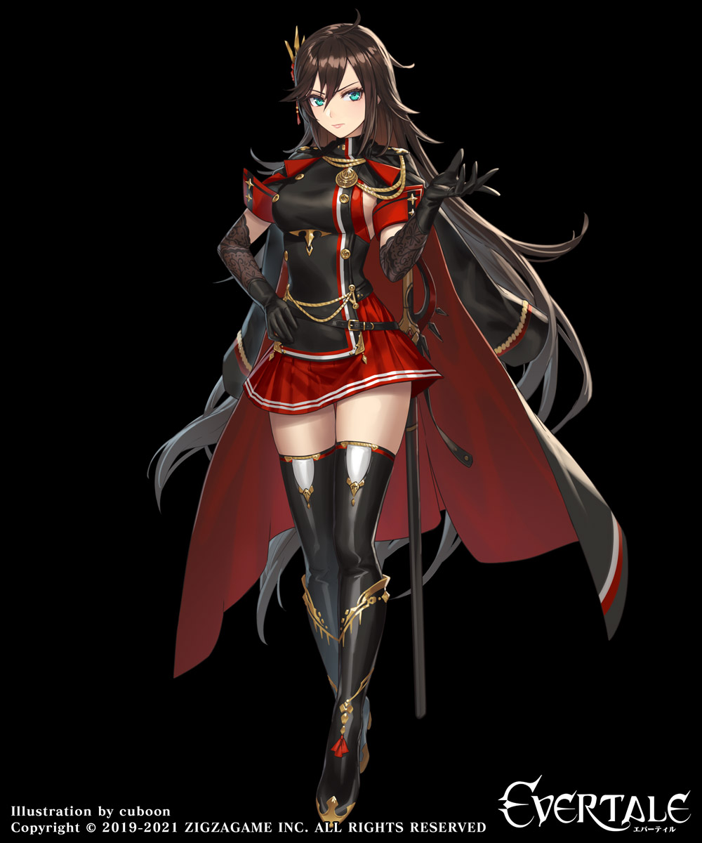 astrid_(evertale) black_hair blue_eyes boots breasts cape cuboon evertale gloves hair_ornament hand_on_hip highres long_hair looking_at_viewer medium_breasts miniskirt official_art skirt sword uniform very_long_hair weapon