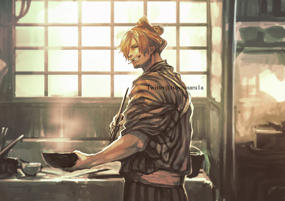 1boy bangs blonde_hair cigarette cooking facial_hair from_behind hair_over_one_eye incoming_food japanese_clothes kimono kitchen looking_at_viewer male_focus official_alternate_costume one_piece sanji short_hair smile smoke smoking solo striped striped_kimono stubble swept_bangs tsuyomaru yellow_kimono
