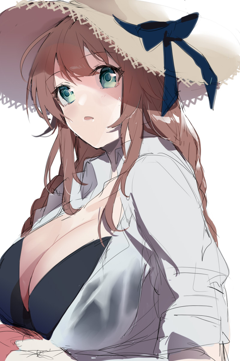 1girl bikini black_bikini braid breasts brown_hair collared_shirt green_eyes hat highres kantai_collection large_breasts looking_away navel noshiro_(kantai_collection) open_clothes open_mouth open_shirt picoli1313 shirt simple_background sleeves_rolled_up solo straw_hat sun_hat swimsuit twin_braids upper_body white_background white_shirt