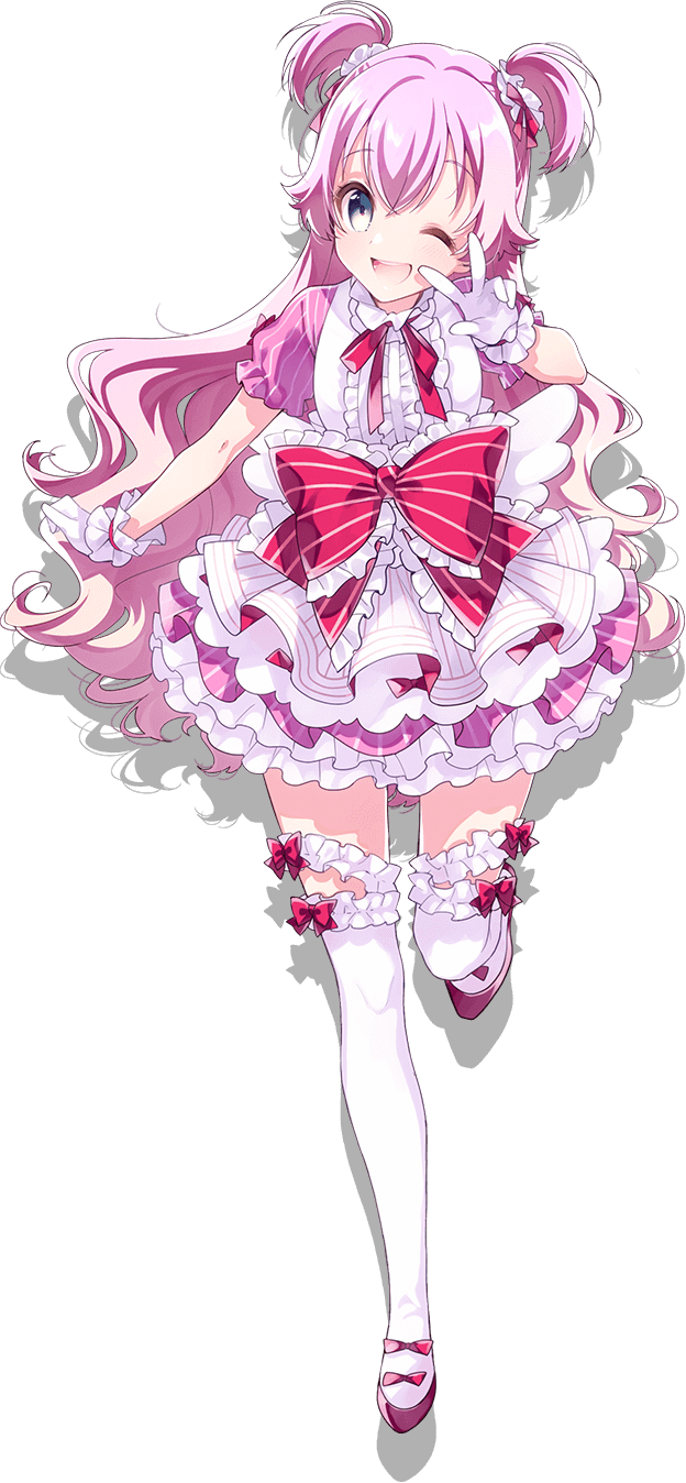 1girl angers_(lapis_re:lights) blue_eyes dress gloves hair_ornament highres lace-trimmed_legwear lace_trim lapis_re:lights long_hair looking_at_viewer neck_ribbon official_art one_eye_closed open_mouth pink_footwear pink_hair ribbon standing standing_on_one_leg thigh-highs transparent_background two_side_up u35 upper_teeth v white_dress white_gloves white_legwear