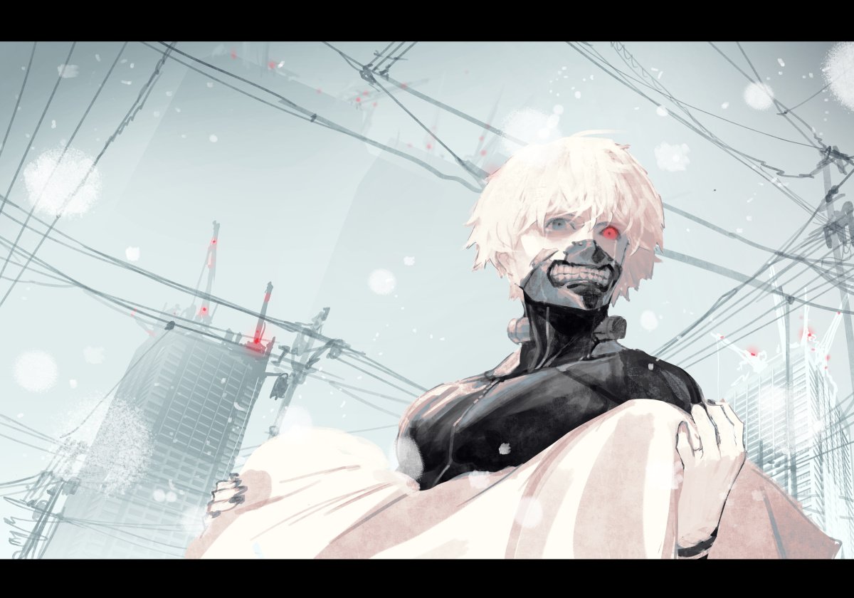 1boy black_nails black_sclera bodysuit colored_sclera colored_skin fingernails grey_eyes heterochromia kaneki_ken letterboxed looking_at_viewer male_focus mask mismatched_sclera mouth_mask nail_polish power_lines red_eyes ryota-h solo tokyo_ghoul utility_pole white_hair white_skin