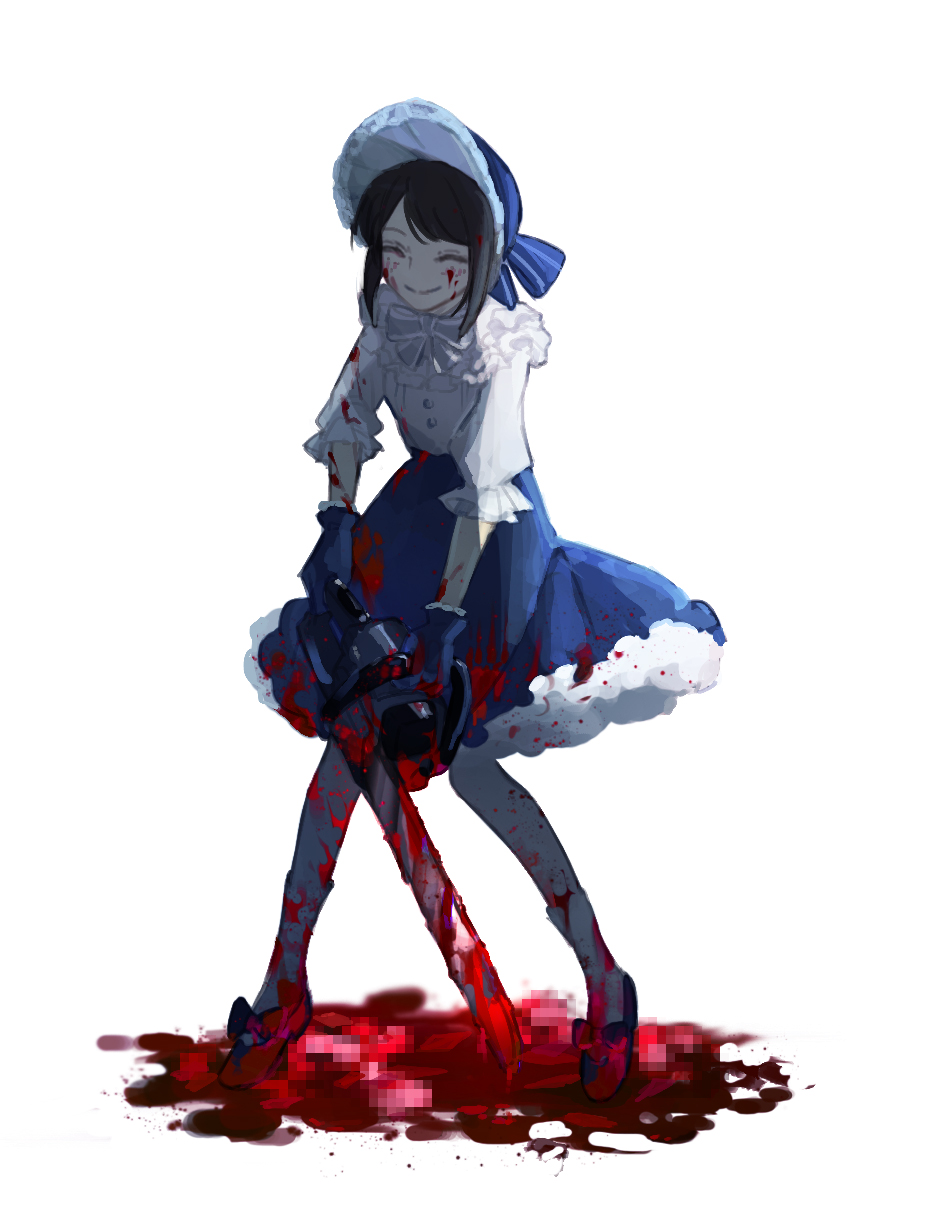 1girl blood blood_on_face blood_on_leg blood_splatter bloody_clothes bloody_hair bloody_hands blue_eyes blue_gloves blue_headwear bonnet boudoir_dream_(identity_v) bow brown_hair censored chainsaw closed_eyes dress emma_woods frilled_dress frilled_gloves frilled_sleeves frills full_body gloves highres holding holding_chainsaw holding_weapon identity_v kouri_(kyorosuukeeeeeee) layered_dress official_alternate_costume pool_of_blood short_hair simple_background smile solo weapon white_background