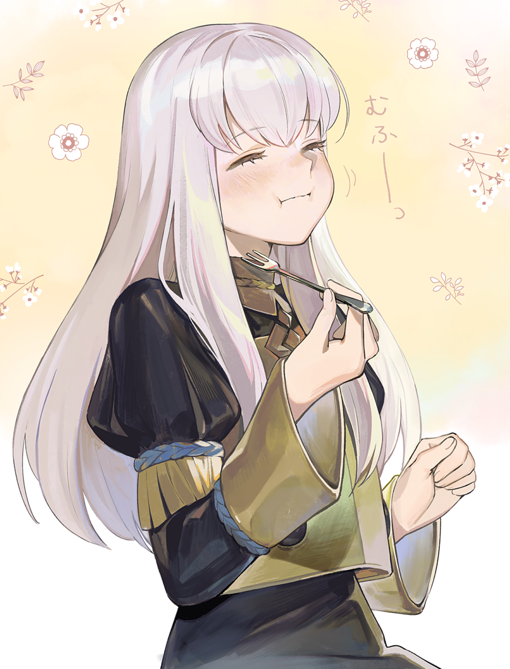 blush closed_eyes commentary_request eating eyebrows_visible_through_hair fire_emblem fire_emblem:_three_houses flower fork garreg_mach_monastery_uniform highres holding holding_fork kyufe long_hair lysithea_von_ordelia white_hair yellow_background