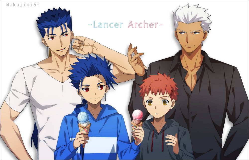 4boys akujiki59 alternate_costume archer bangs black_hoodie black_shirt blue_hair blue_hoodie closed_mouth collarbone collared_shirt commentary_request cu_chulainn_(fate)_(all) dark_skin dark_skinned_male earrings emiya_shirou fate/stay_night fate_(series) food grey_background hand_up holding hood hood_down hoodie ice_cream ice_cream_cone jewelry lancer long_hair long_sleeves looking_at_another male_focus multiple_boys parted_lips red_eyes redhead shirt short_hair simple_background smile teeth white_hair white_shirt