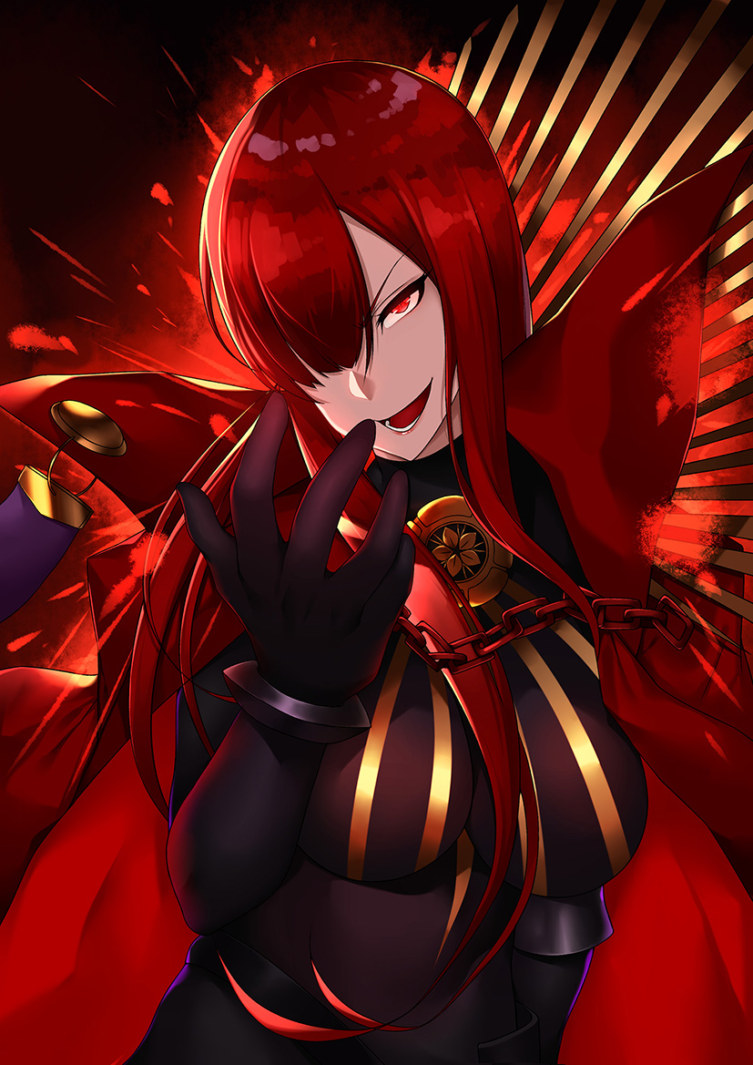 1girl backlighting black_background breasts cape chain fate/grand_order fate_(series) gloves hair_over_one_eye large_breasts looking_at_viewer nekosama_shugyouchuu oda_nobunaga_(fate) oda_nobunaga_(fate)_(all) oda_nobunaga_(maou_avenger)_(fate) open_mouth red_cape red_eyes redhead smile solo teeth v-shaped_eyebrows