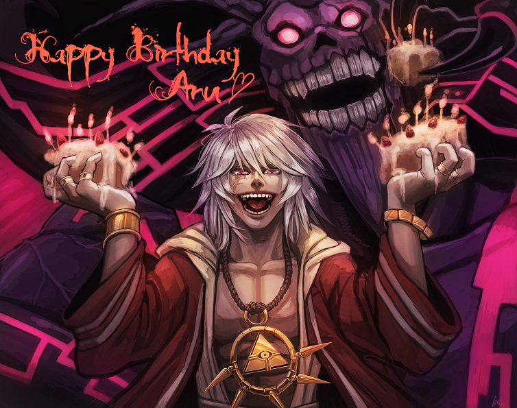 1boy bangs bare_pecs bibibisk birthday_cake bracelet cake candle claws coat commentary_request dark_skin dark_skinned_male demon dual_wielding fire flame food happy_birthday heart holding holding_cake holding_food jewelry laughing long_hair looking_at_viewer male_focus millennium_ring necklace open_clothes open_coat open_mouth red_coat red_eyes ring scar scar_across_eye tan teeth tongue touzokuou_bakura upper_body white_hair yu-gi-oh! yu-gi-oh!_duel_monsters zorc_necrophades