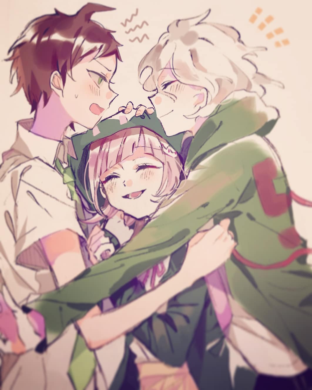 1girl 2boys :d ahoge backpack bag bangs black_jacket blurry blurry_foreground blush brown_hair cat_bag closed_eyes commentary_request dangan_ronpa_(series) dangan_ronpa_2:_goodbye_despair depth_of_field facing_another from_side green_jacket green_neckwear grey_hair hair_ornament hairclip hand_on_another's_head highres hinata_hajime hood hood_up hooded_jacket jacket komaeda_nagito long_sleeves looking_at_another medium_hair mian_(nemu_0118) motion_blur multiple_boys nanami_chiaki necktie open_mouth pink_bag pink_hair sandwiched shiny shiny_hair short_hair short_sleeves smile