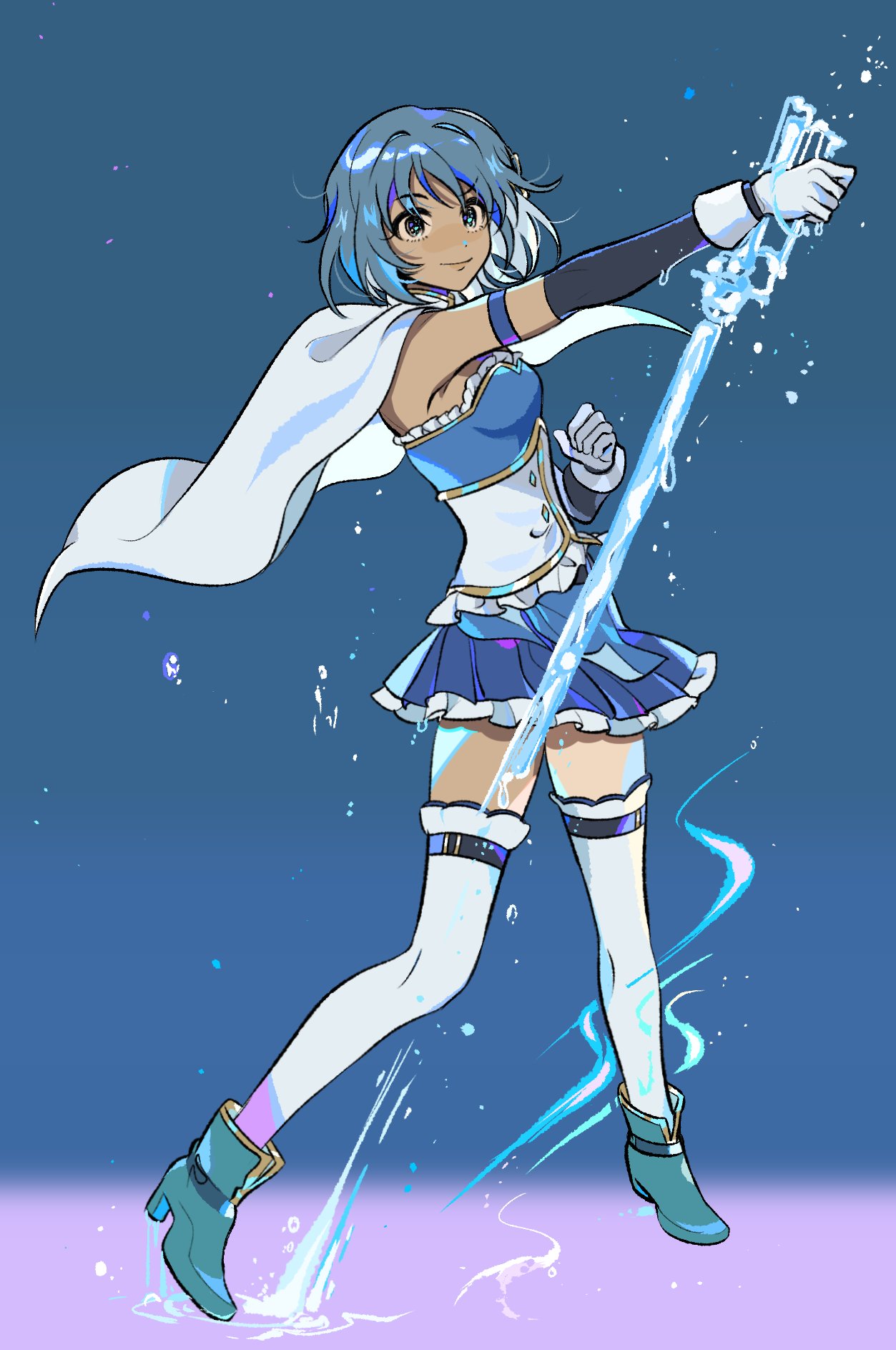 1girl ankle_boots aqua_footwear arm_up belt blue_background blue_hair blue_skirt blue_theme boots breasts buttons cape clenched_hand closed_mouth contrapposto dot_nose eyebrows_visible_through_hair eyelashes fighting_stance frills full_body gloves halang_rubsas2 highres holding holding_sword holding_weapon looking_at_viewer mahou_shoujo_madoka_magica miki_sayaka pleated_skirt ripples shiny shiny_hair short_hair sideboob simple_background skirt small_breasts smile solo standing strapless sword thigh-highs water water_drop weapon wet wet_gloves white_cape white_gloves white_legwear zettai_ryouiki