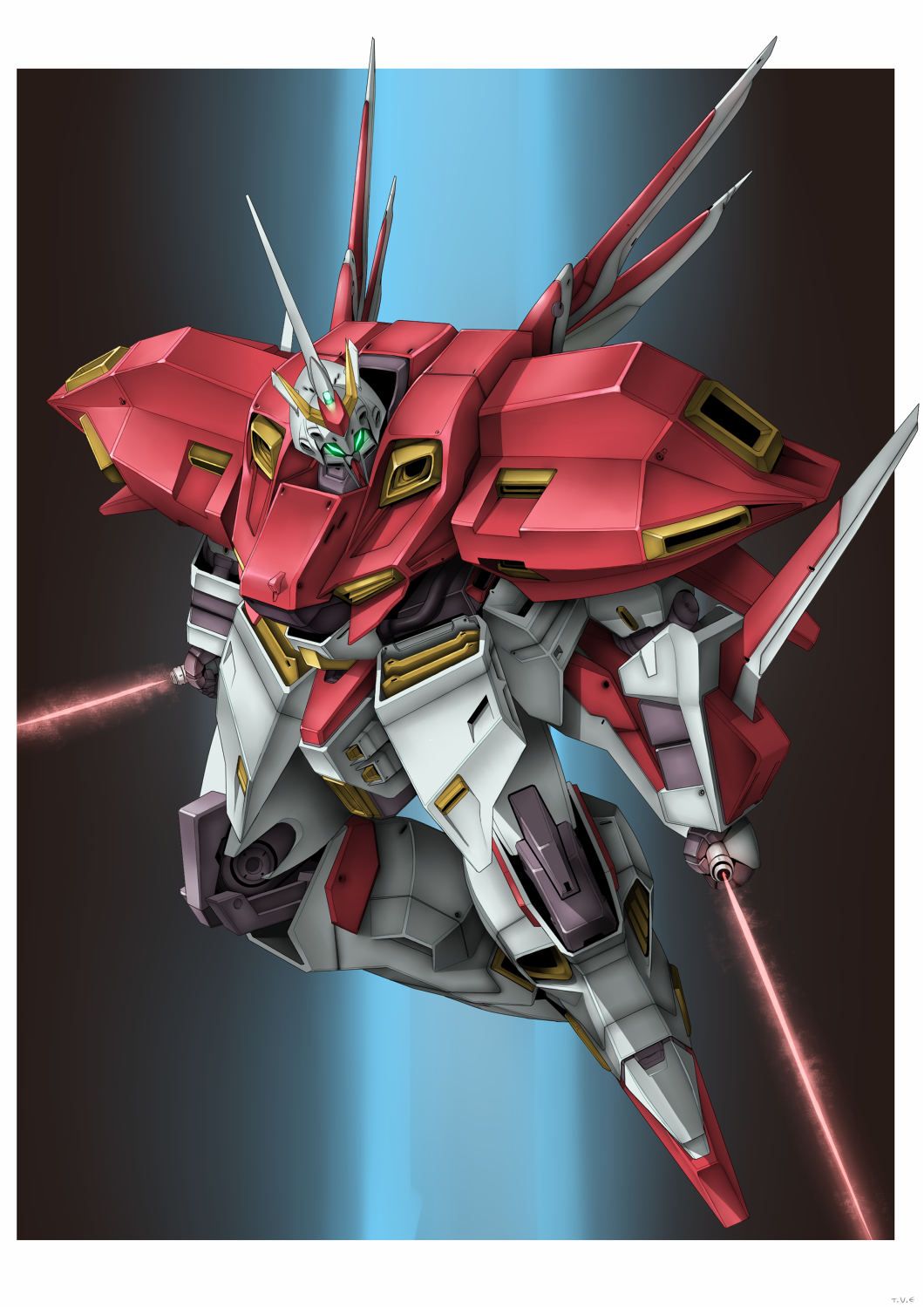 1980s_(style) beam_saber dual_wielding floating gaia_gear glowing glowing_eyes green_eyes gundam highres holding holding_sword holding_weapon looking_up man_machine mecha no_humans retro_artstyle science_fiction solo sword v-fin vuccha weapon zorin_soul