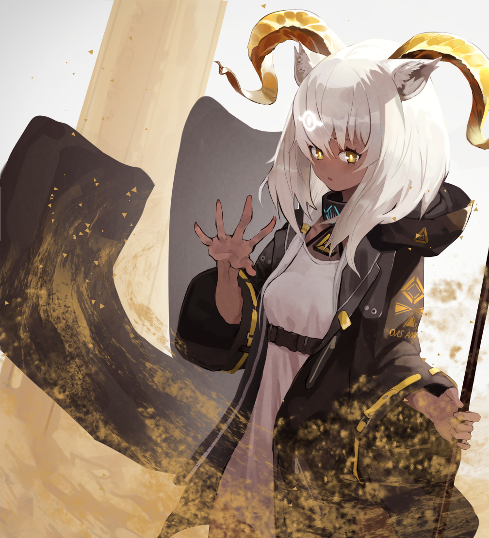 1girl animal_ear_fluff animal_ears arknights beeswax_(arknights) black_coat breasts coat cowboy_shot dark_skin dark-skinned_female dress expressionless glowing goat_ears goat_horns gold_horns grey_background hair_between_eyes holding holding_staff hooded_coat horns infection_monitor_(arknights) long_hair looking_at_viewer mannouyakunta medium_breasts multicolored_hair open_clothes open_coat open_mouth originium_arts_(arknights) sand sidelocks simple_background solo staff strap streaked_hair white_dress white_hair wide_sleeves