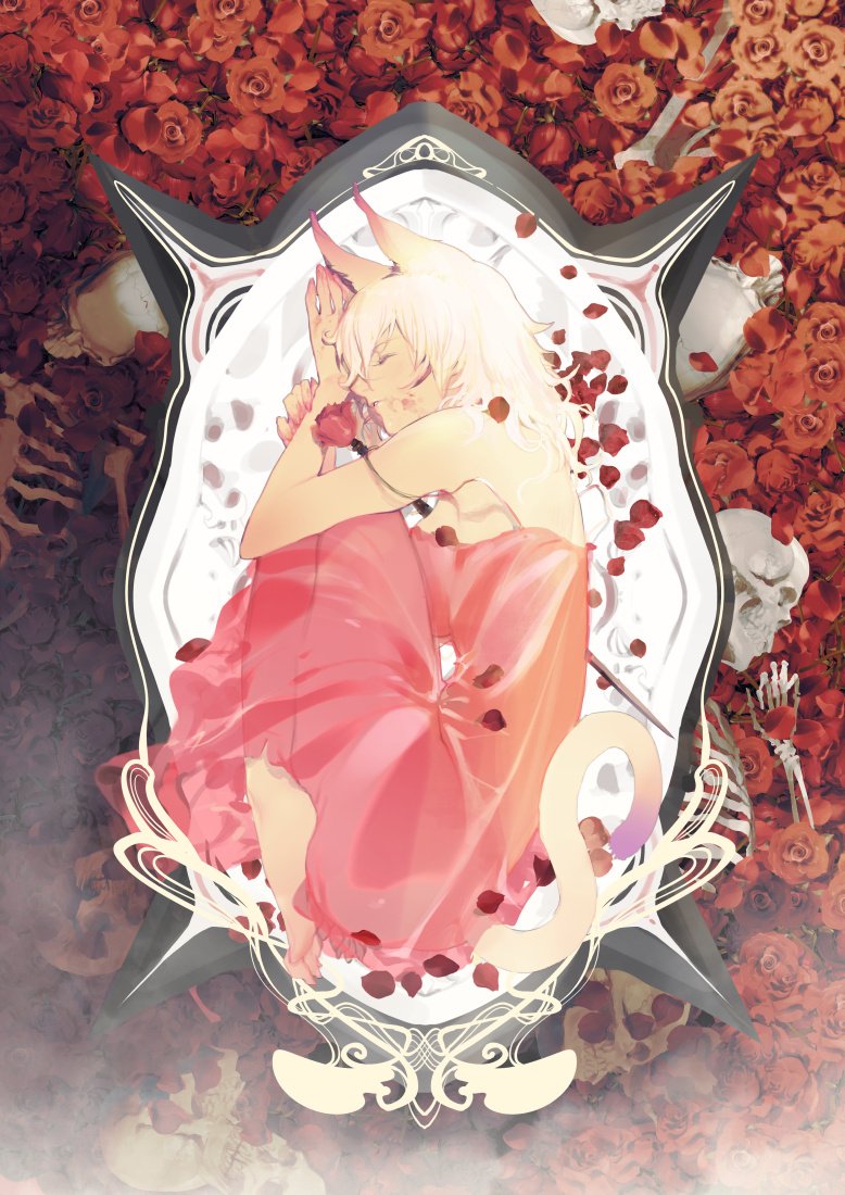 1girl animal_ears barefoot blonde_hair breasts cat_ears cat_tail closed_eyes dress flower from_above hands_up large_breasts lying medium_hair on_side original parted_lips red_dress red_flower red_rose rose ryota-h sharp_toenails skeleton skull solo sword tagme tail toenails weapon
