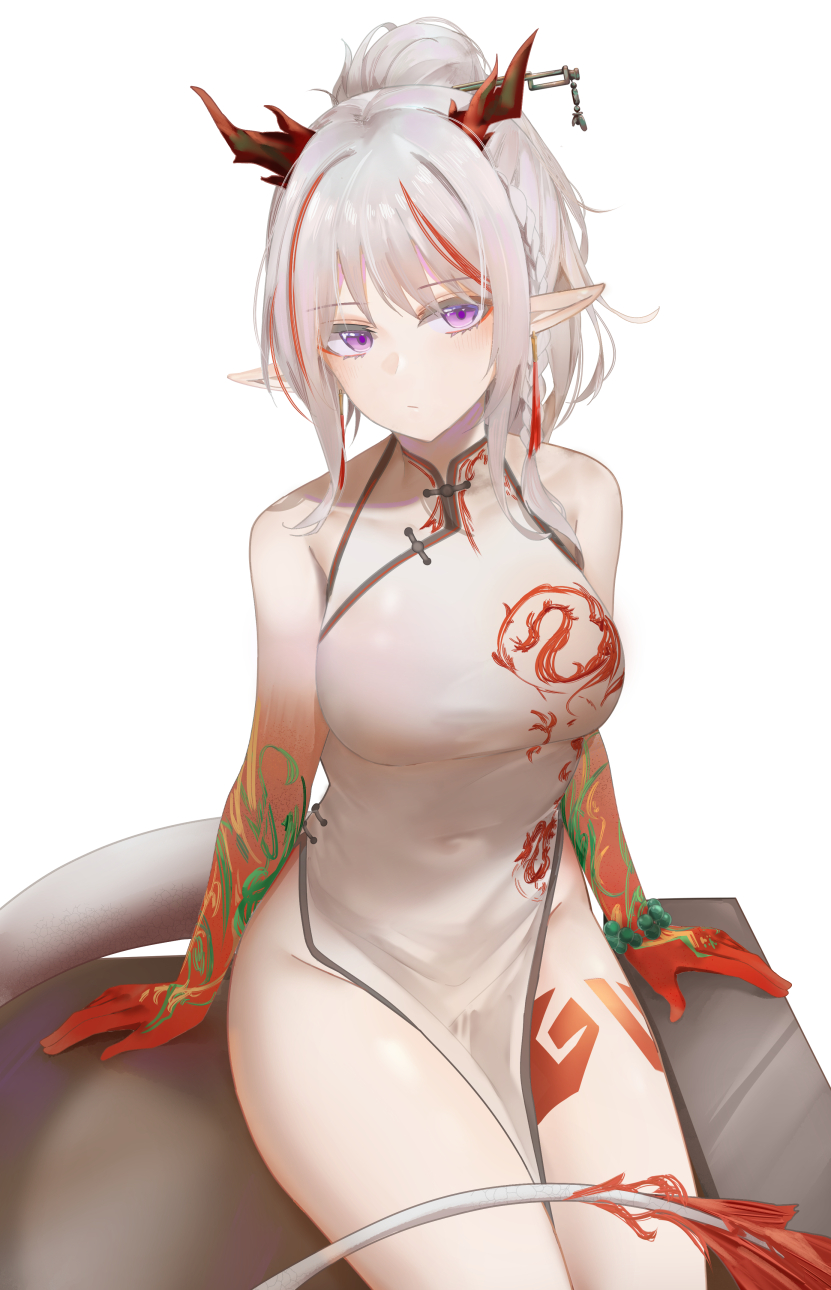 1girl arknights arm_support bare_arms bare_shoulders breasts china_dress chinese_clothes closed_mouth covered_navel dragon_horns dragon_tail dress expressionless eyeshadow gradient groin hair_ornament hairpin highres horns long_hair looking_at_viewer makeup medium_breasts multicolored_hair nian_(arknights) nian_(unfettered_freedom)_(arknights) no_panties pelvic_curtain pointy_ears ponytail print_dress ru_zhai sidelocks silver_hair sitting sleeveless sleeveless_dress solo streaked_hair tail thigh_tattoo thighs violet_eyes white_dress