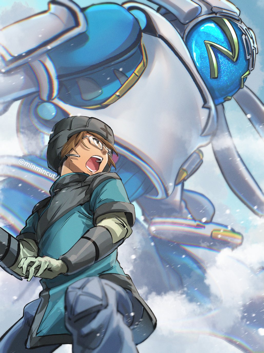 1boy blue_jacket brown_eyes brown_hair chanmura gainer_sanga glasses gloves green_gloves headset highres jacket king_gainer looking_to_the_side male_focus mecha open_mouth overman_king_gainer science_fiction snow
