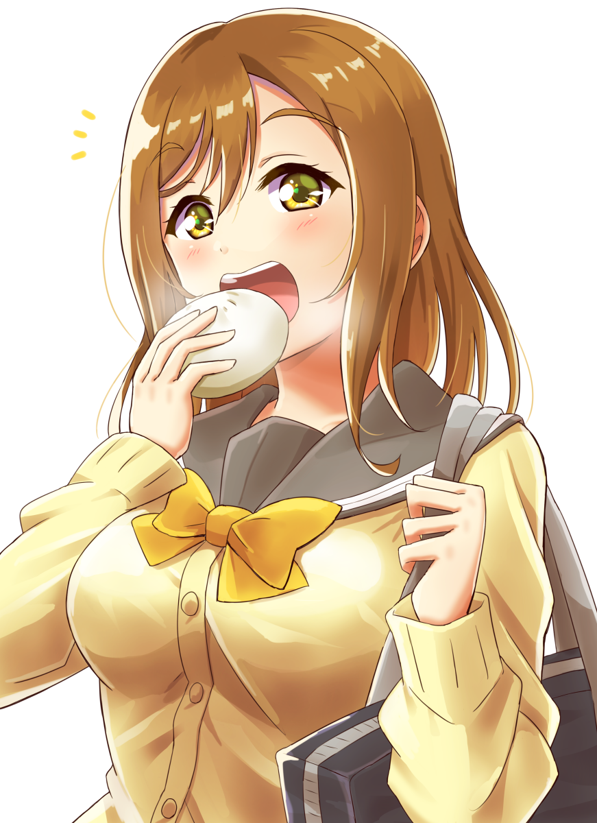 1girl bag bangs baozi bow breasts brown_hair cardigan eyebrows_visible_through_hair food grey_sailor_collar highres holding kunikida_hanamaru large_breasts long_hair long_sleeves looking_at_viewer love_live! love_live!_sunshine!! open_mouth qy sailor_collar school_bag school_uniform serafuku simple_background smile solo upper_body upper_teeth uranohoshi_school_uniform white_background winter_uniform yellow_cardigan yellow_eyes