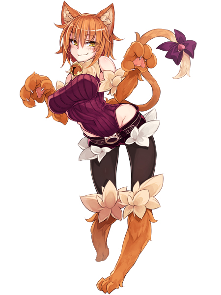 1girl :3 animal_ears bare_shoulders blush breasts cat_ears cat_girl cat_paws cat_tail closed_mouth full_body fur_collar half-closed_eyes kenkou_cross looking_at_viewer monster_girl monster_girl_encyclopedia orange_fur orange_hair paws short_hair shorts simple_background smile solo tail tail_ornament werecat_(monster_girl_encyclopedia) white_background