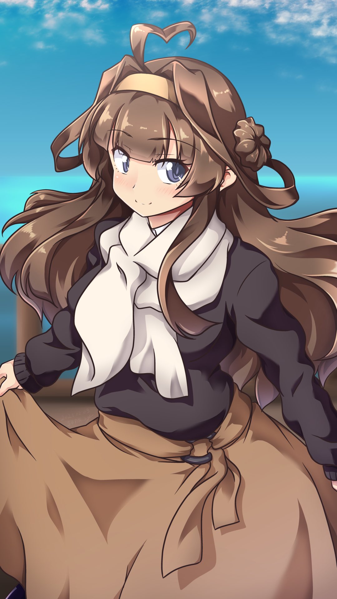 1girl 547th_sy ahoge arms_behind_back black_sweater blue_sky brown_hair brown_skirt clouds commentary_request cowboy_shot double_bun grey_eyes hairband highres horizon kantai_collection kongou_(kantai_collection) long_hair looking_at_viewer ocean official_alternate_costume scarf skirt sky solo sweater white_scarf
