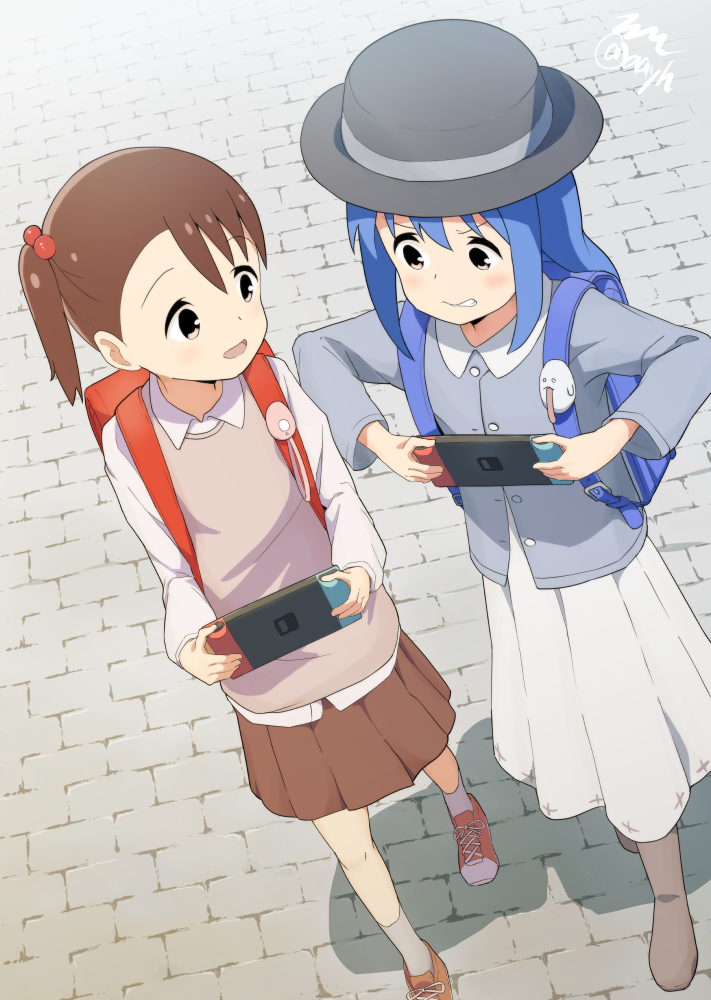 2girls :d aayh akamatsu_yui backpack bag bangs blue_hair boots brown_eyes brown_footwear brown_hair brown_skirt clenched_teeth collared_jacket collared_shirt commentary_request crime_prevention_buzzer dress eyebrows_visible_through_hair grey_jacket grey_legwear hair_bobbles hair_ornament holding jacket kotoha_(mitsuboshi_colors) long_hair long_sleeves mitsuboshi_colors multiple_girls nintendo_switch open_mouth pleated_skirt randoseru red_footwear shirt shoes side_ponytail skirt smile socks sweater_vest teeth twitter_username v-shaped_eyebrows very_long_hair white_dress white_shirt