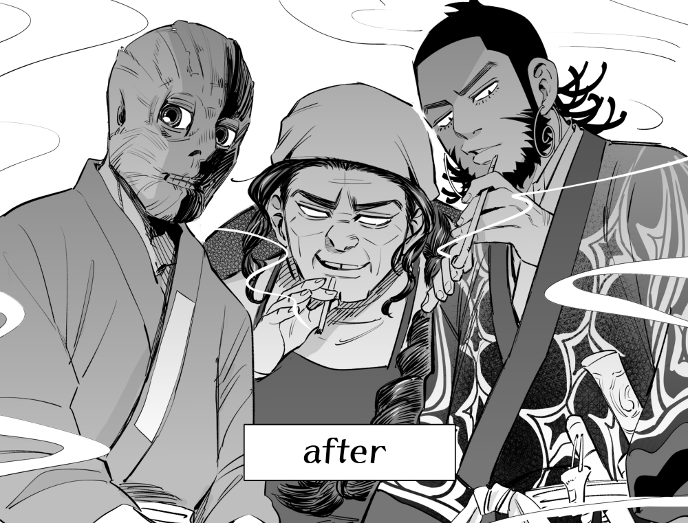 1girl 2boys ainu_clothes apron bald beard blank_eyes braid buck_teeth burn_scar buzz_cut cigarette commentary earrings english_text facial_hair golden_kamuy greyscale head_scarf holding holding_cigarette holding_pipe ideshitsuki japanese_clothes jewelry kimono kiroranke kiseru long_hair long_sleeves looking_at_viewer monochrome multiple_boys no_pupils pipe puckered_lips russian_clothes scar scar_on_face shaded_face short_hair sideburns sidelocks single_braid smile smoke smoking sofia_(golden_kamuy) spoilers teeth thick_eyebrows tooth_gap upper_body very_short_hair weapon white_eyes wilk_(golden_kamuy)