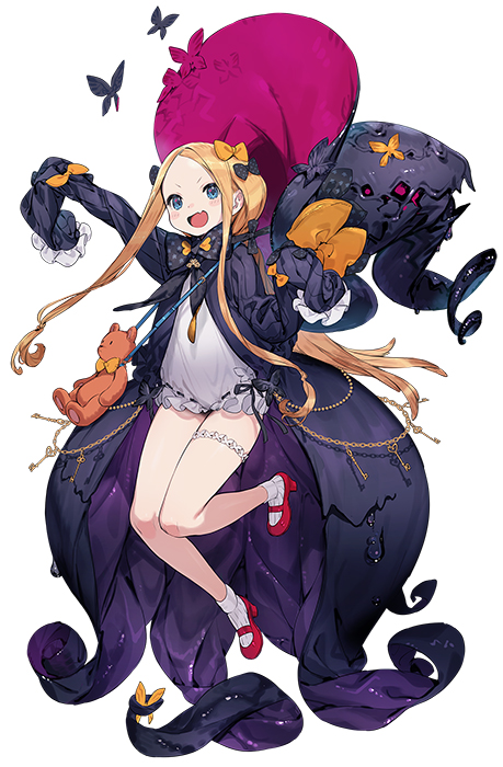 1girl :d abigail_williams_(fate) bangs black_bow black_dress blonde_hair blue_eyes blush bow bug bukurote butterfly dress fang fate/grand_order fate_(series) forehead full_body insect long_hair long_sleeves open_clothes open_dress open_mouth orange_bow outstretched_arm parted_bangs polka_dot polka_dot_bow red_footwear shoes simple_background sleeves_past_fingers sleeves_past_wrists smile socks solo stuffed_animal stuffed_toy teddy_bear very_long_hair white_background white_dress white_legwear
