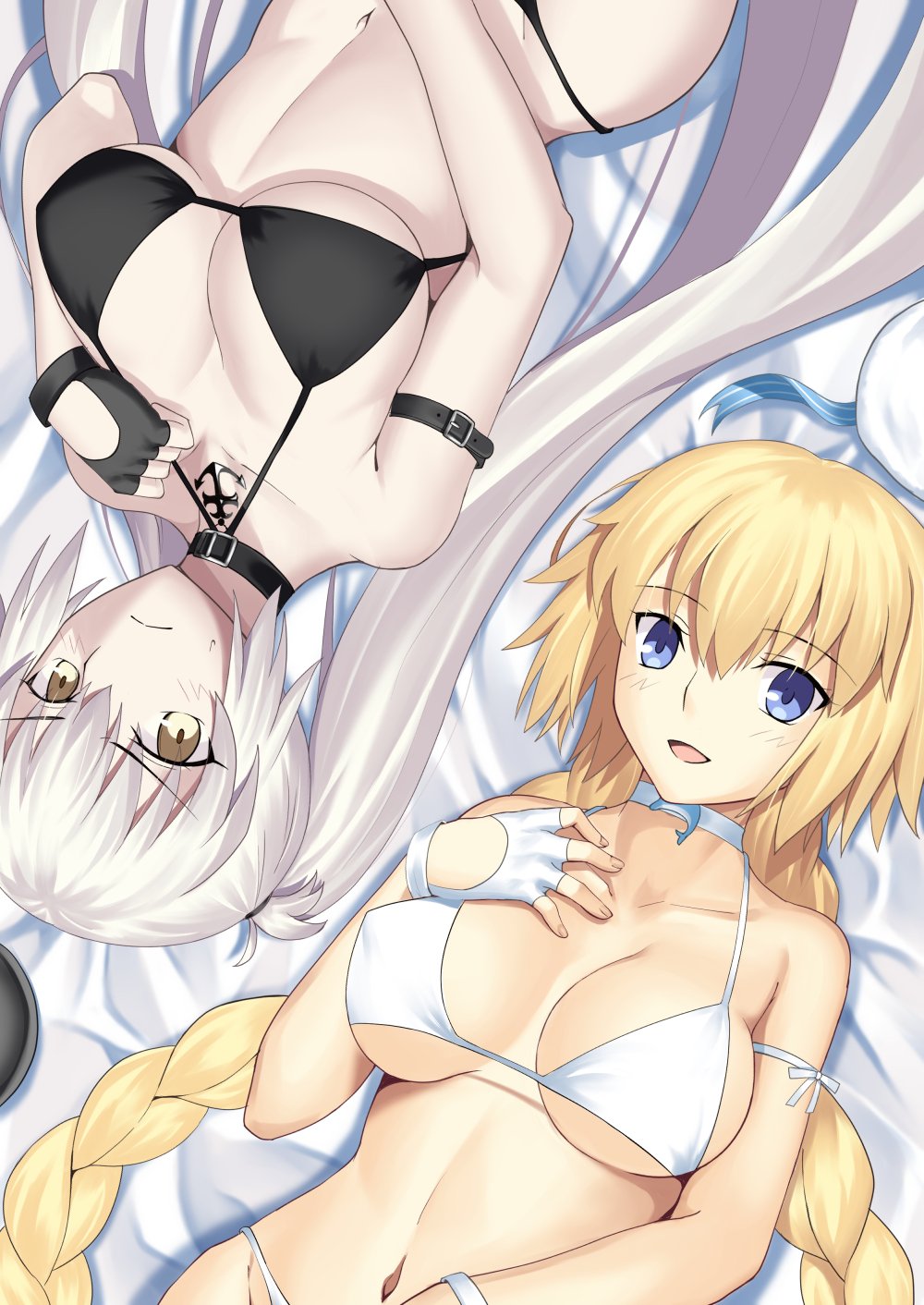 2girls asymmetrical_clothes bare_shoulders bikini black_swimsuit blonde_hair blue_eyes fate/grand_order fate_(series) highres jeanne_d'arc_(alter)_(fate) jeanne_d'arc_(fate) jeanne_d'arc_(fate)_(all) long_hair looking_at_viewer lying mishiro_(ixtlolton) multiple_girls silver_hair swimsuit white_swimsuit yellow_eyes