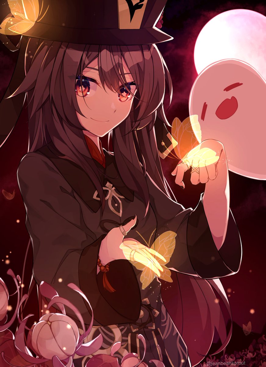 1girl backlighting black_headwear black_shirt brown_hair bug butterfly chinese_clothes collared_shirt flower flower-shaped_pupils full_moon genshin_impact ghost hat highres hu_tao insect jeanbeansprout long_hair long_sleeves looking_at_viewer moon red_eyes shirt smile solo spider_lily twintails upper_body white_flower