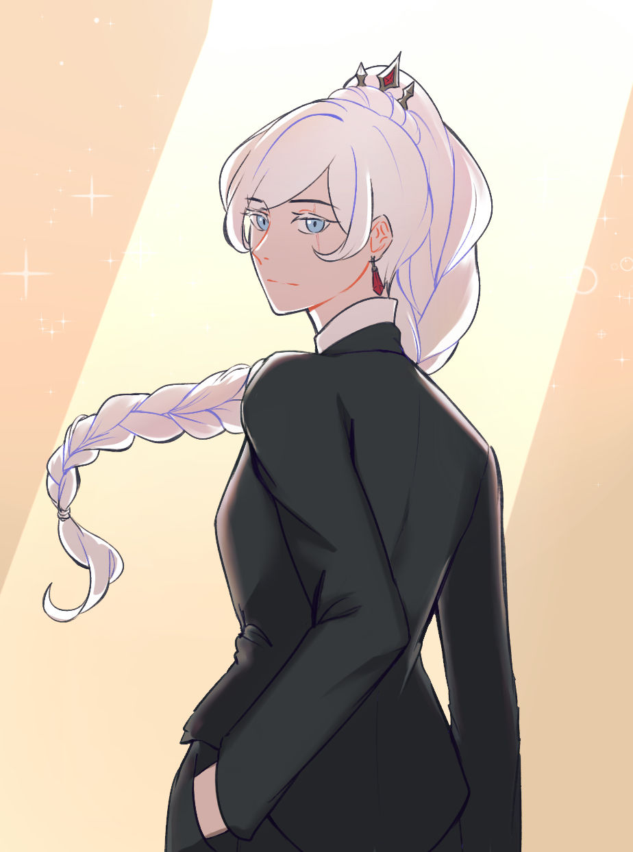 1girl alternate_costume blue_eyes braid cowboy_shot earrings ella_zhao expressionless formal hand_in_pocket highres jewelry long_hair looking_at_viewer looking_back rwby scar scar_across_eye single_braid solo suit weiss_schnee white_hair