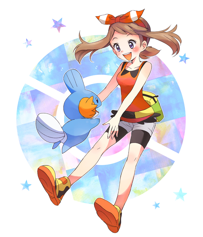 1girl :d bike_shorts blush bow_hairband brown_hair commentary_request eyelashes fanny_pack floating_hair gen_3_pokemon grey_shorts hairband knees may_(pokemon) mudkip open_mouth pokemon pokemon_(creature) pokemon_(game) pokemon_oras popcorn_91 shirt shoes shorts sleeveless sleeveless_shirt smile star_(symbol) starter_pokemon teeth