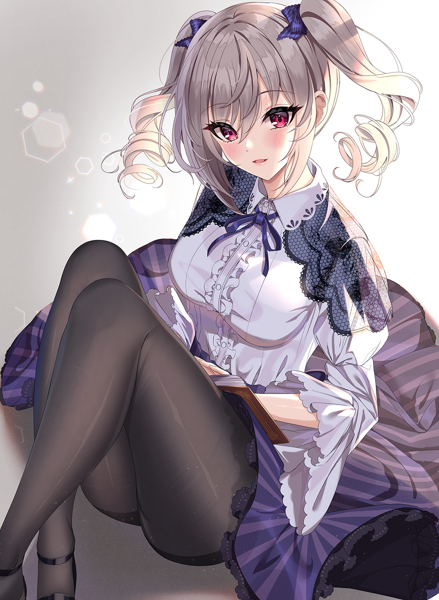 1girl bangs black_capelet black_footwear black_legwear blue_bow blue_ribbon book bow breasts capelet center_frills commentary_request eyebrows_visible_through_hair feet_out_of_frame frills grey_hair hair_between_eyes hair_bow highres idolmaster idolmaster_cinderella_girls idolmaster_cinderella_girls_starlight_stage juliet_sleeves kanzaki_ranko knees_up lace-trimmed_skirt lace_trim long_sleeves looking_at_viewer medium_breasts neck_ribbon open_book pantyhose parted_lips puffy_sleeves red_eyes ribbon shirt shoes sitting skirt smile solo striped striped_bow sutoroa thighband_pantyhose twintails vertical-striped_skirt vertical_stripes white_shirt wide_sleeves