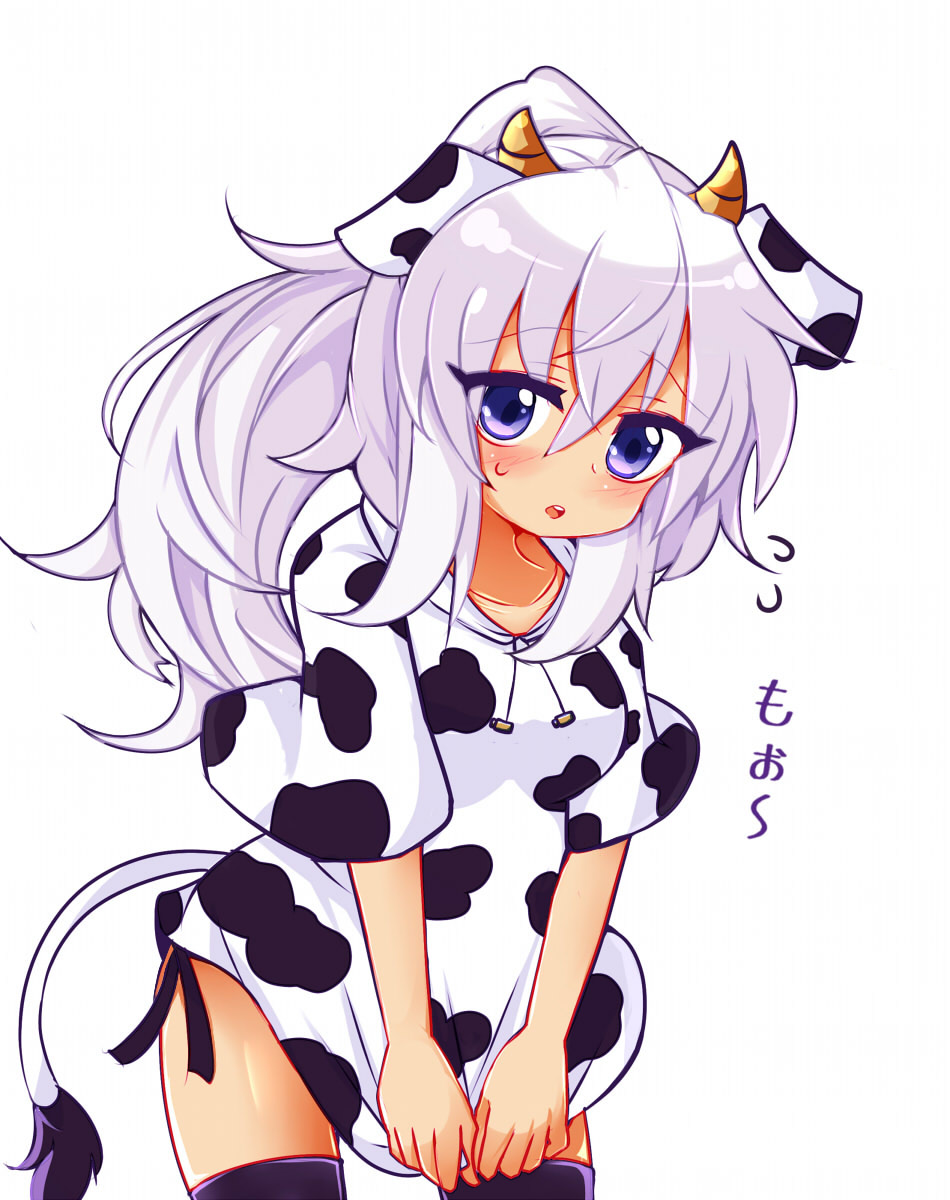 1girl alternate_costume animal_ears animal_print bangs blush breasts cow_ears cow_hood cow_horns cow_print cow_tail cowboy_shot drawstring eyebrows_visible_through_hair highres holding_hoodie horns long_hair looking_at_viewer medium_breasts minato_mal mononobe_no_futo open_mouth ponytail short_sleeves silver_hair simple_background solo standing sweat tail touhou violet_eyes white_background