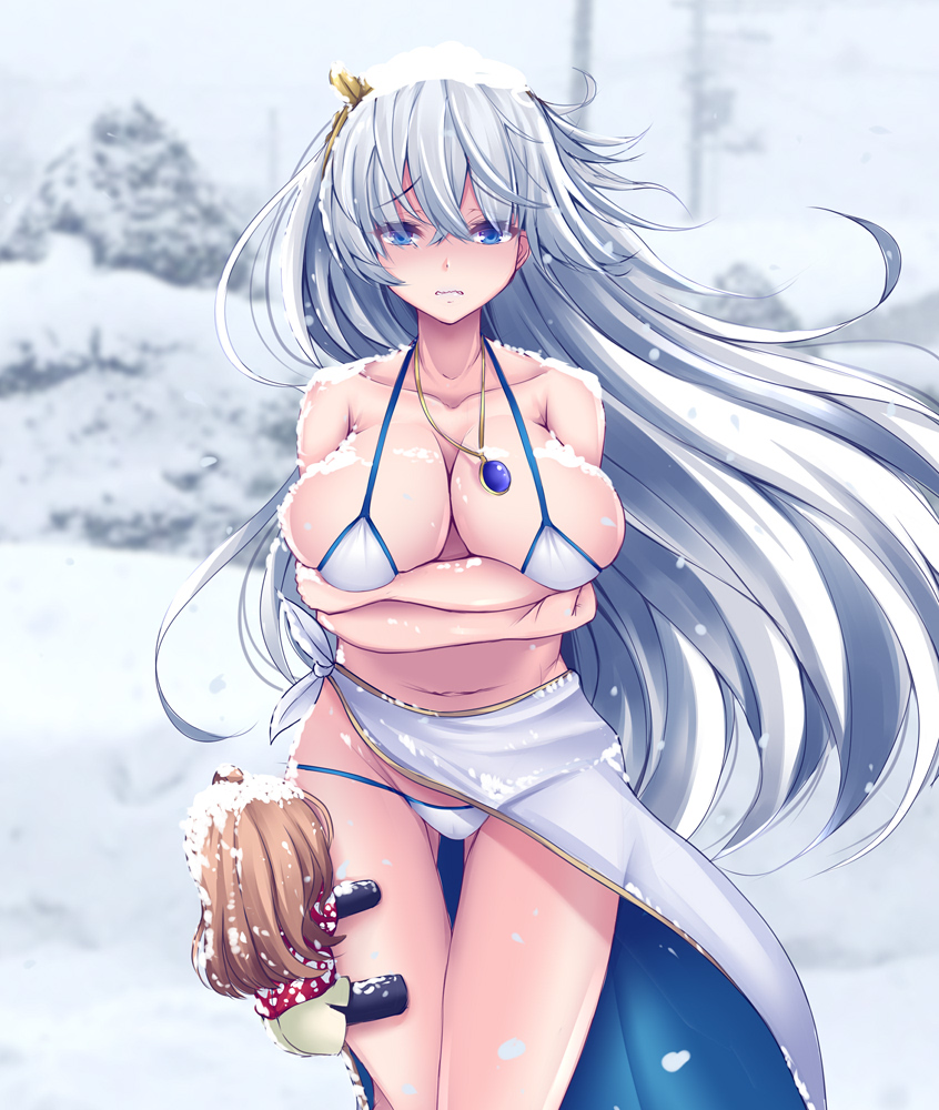 1girl anastasia_(fate) bikini blue_eyes breasts clinging cold doll fate/grand_order fate_(series) jewelry koza900 large_breasts long_hair navel pendant sarong silver_hair snow snow_on_body snow_on_head swimsuit thigh_gap wavy_mouth