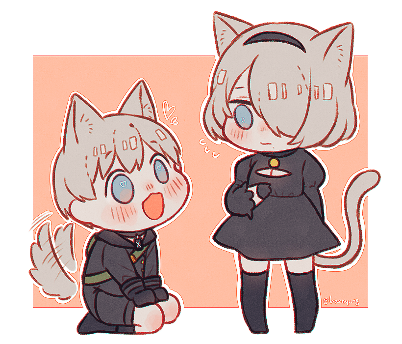 1boy 1girl animal_ears black_dress black_gloves blue_eyes blush cat_ears cat_girl cat_tail chibi dog_boy dog_ears dog_tail dress full_body gloves hair_over_one_eye hairband heart heart-shaped_pupils hn_(artist) nier_(series) nier_automata no_blindfold open_mouth seiza short_hair silver_hair sitting smile symbol-shaped_pupils tail thigh-highs yorha_no._2_type_b yorha_no._9_type_s