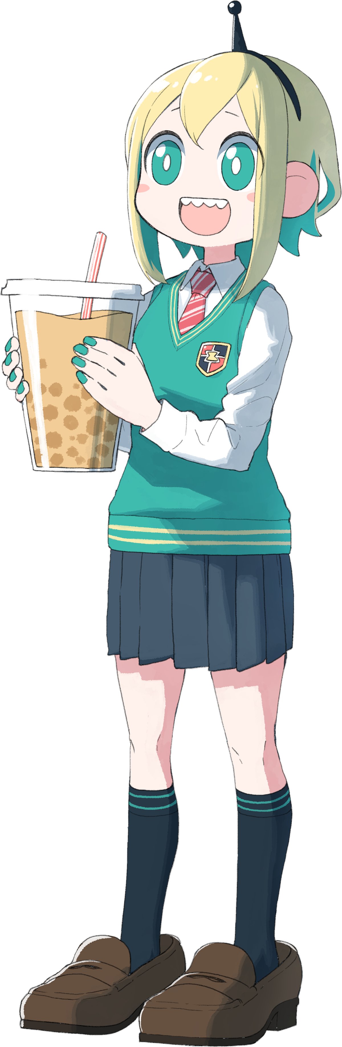 1girl :d absurdres amano_pikamee black_hairband black_legwear black_skirt blonde_hair blush_stickers brown_footwear bubble_tea commentary_request cup disposable_cup dress_shirt drinking_straw ears green_nails green_sweater gyari_(imagesdawn) hairband highres holding holding_cup kneehighs loafers long_sleeves looking_to_the_side multicolored_hair official_art open_mouth oversized_object pleated_skirt red_neckwear school_uniform sharp_teeth shirt shoes sidelocks simple_background skirt smile solo standing striped striped_neckwear sweater sweater_vest teeth two-tone_hair virtual_youtuber voms white_background white_shirt wing_collar