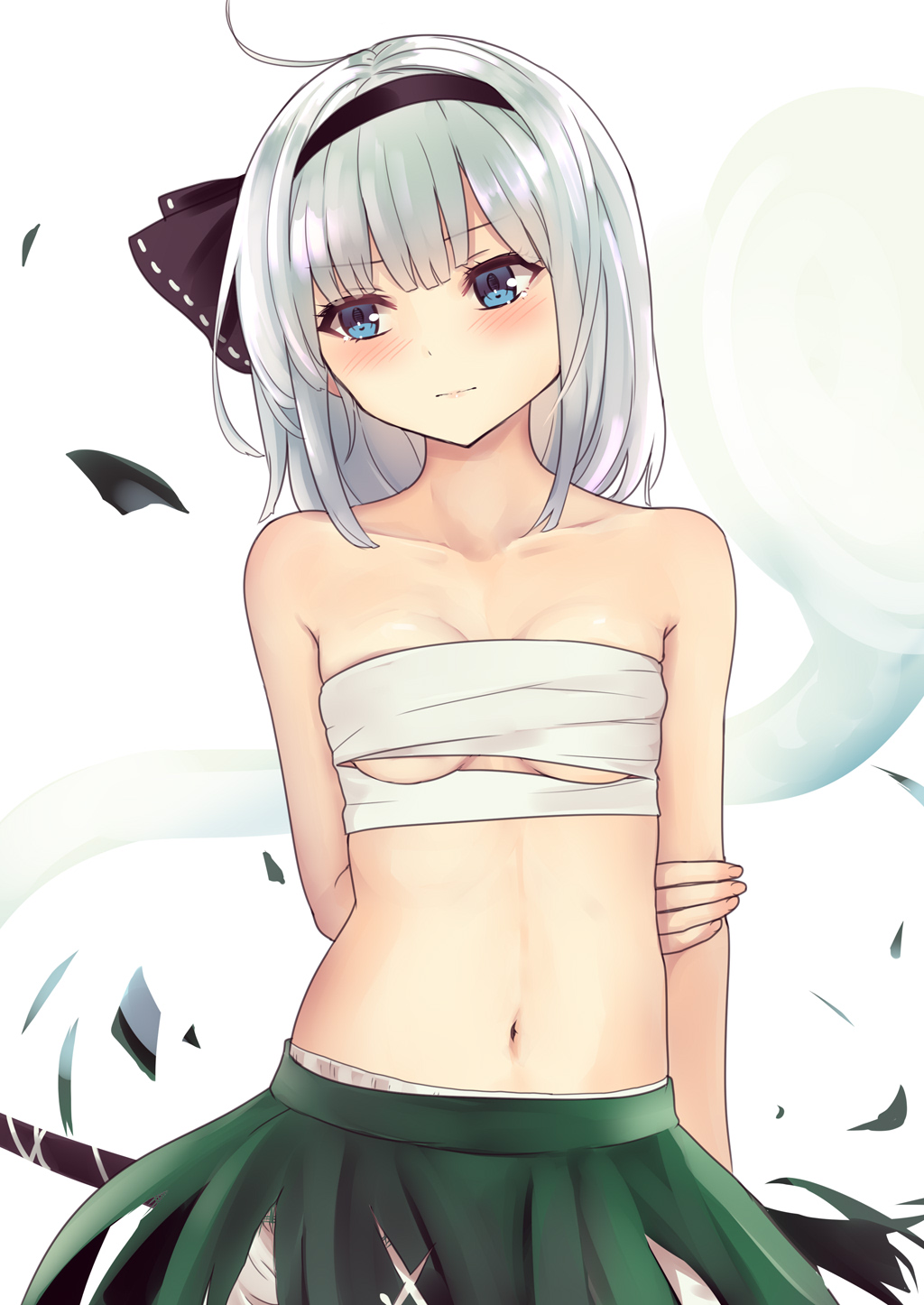 1girl ahoge arm_behind_back bare_shoulders black_hairband black_ribbon bloomers blue_eyes blush breasts closed_mouth collarbone commentary_request culter eyebrows_visible_through_hair green_skirt hair_ribbon hairband highres hitodama konpaku_youmu konpaku_youmu_(ghost) looking_to_the_side medium_hair midriff navel ribbon sarashi silver_hair simple_background skirt small_breasts solo standing touhou under_boob underwear upper_body white_background